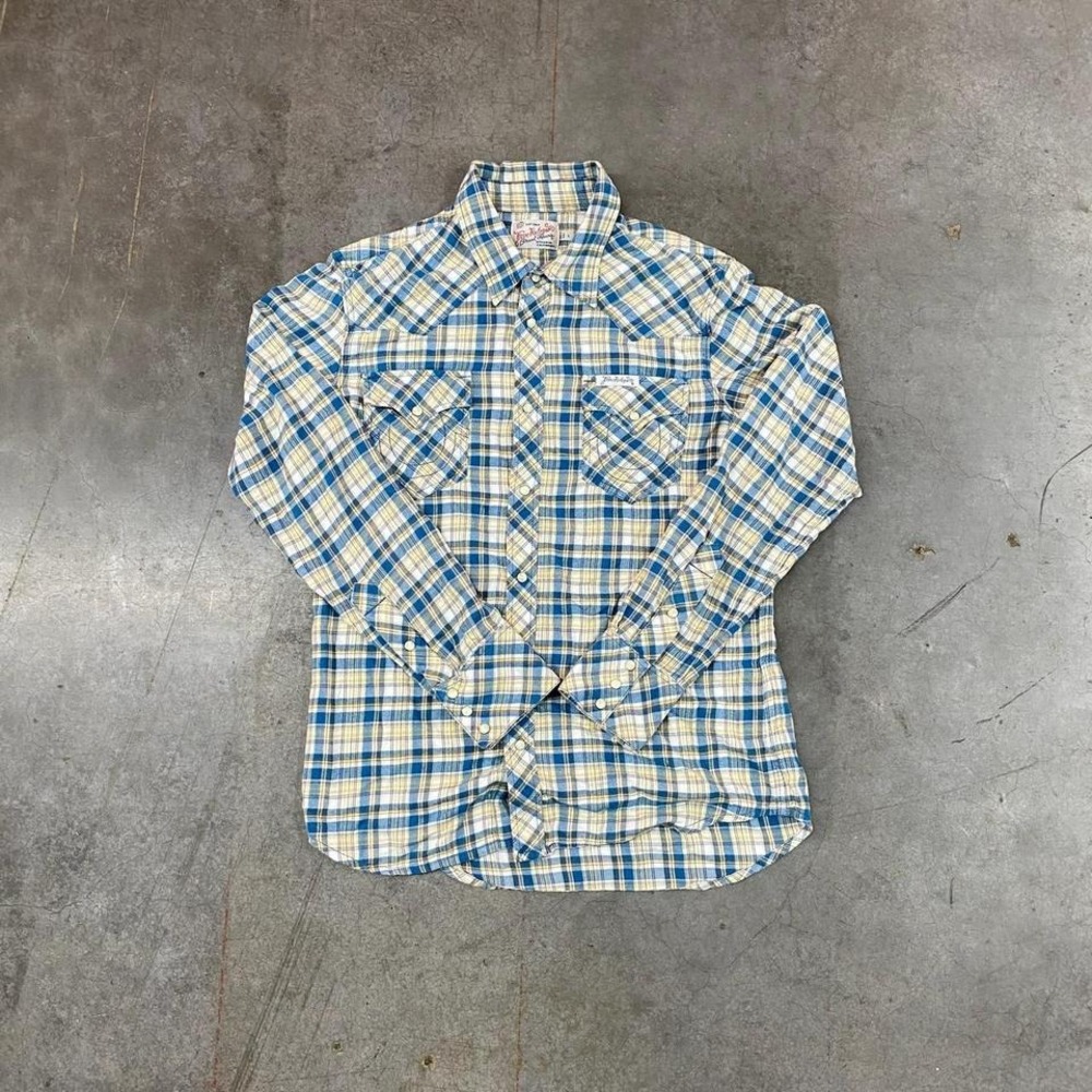 True‎ Religion Western Shirt Mens Blue Yellow Madras Plaid Pearl Snap Rodeo S - Picture 2 of 6